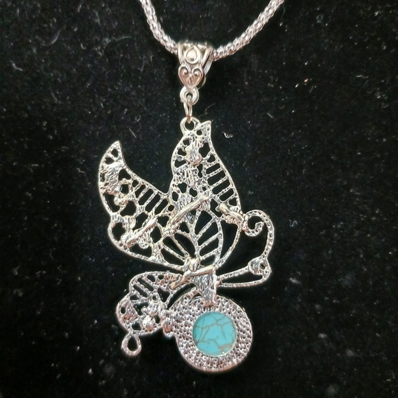 2 item-FAUX TURQUOISE BUTTERFLY GEMSTONE SILVERTONE NECKLACE & DRAGONFLY EARRING - Picture 9 of 10